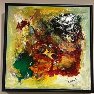 Abstract Mixed-Media Wall Art in Green, Red, Yellow by